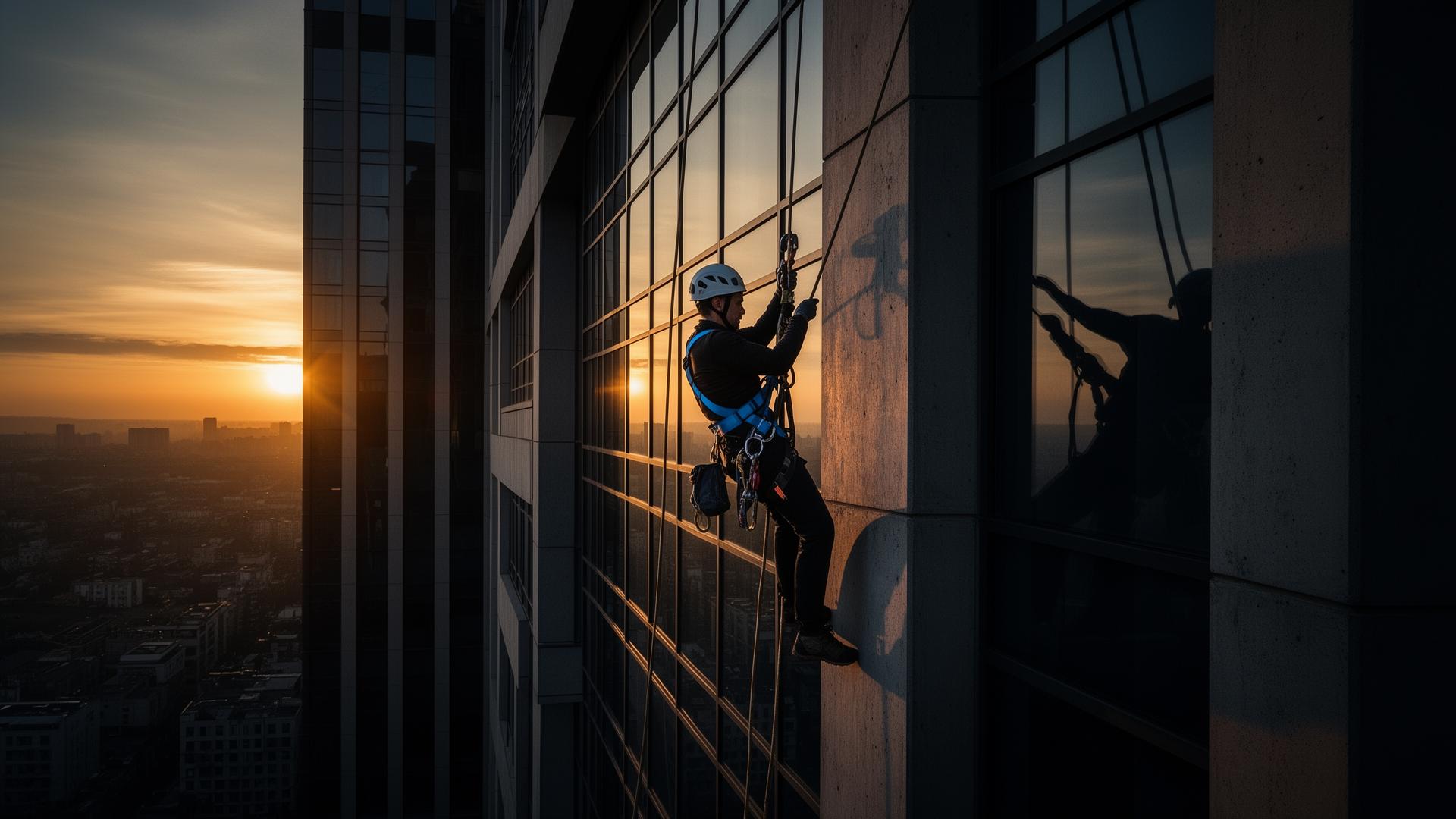 Técnico em rappel numa fachada moderna ao pôr do sol